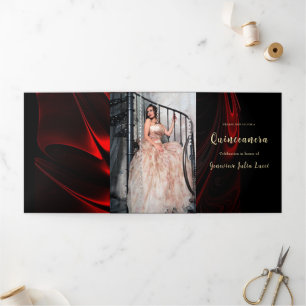 Com Dobra Tripla Convite de festas Red Satin Quinceanera