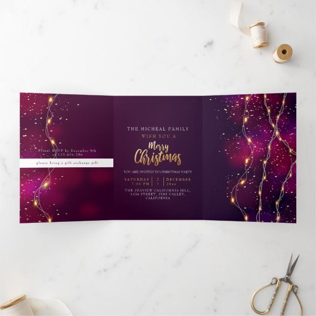 Com Dobra Tripla Convite de Natal Personalizado para o Néon de ouro (Dentro)