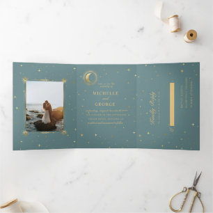 Com Dobra Tripla Convite Dourado De Casamento De Pastel Celestial