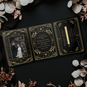 Com Dobra Tripla Convite Dourado de Três Formas de Casamento Tarot