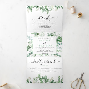 Com Dobra Tripla convite para casamento elegante do eucalipto tript