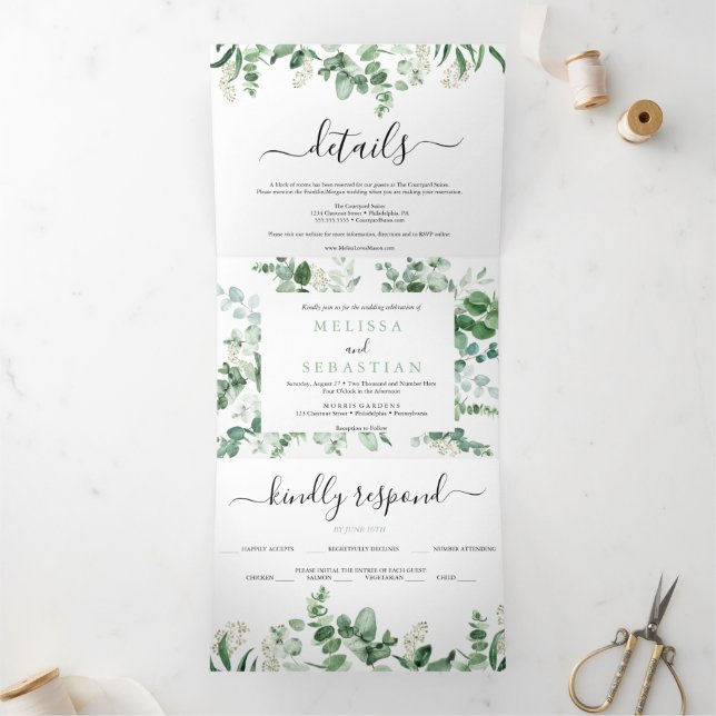 Com Dobra Tripla convite para casamento elegante do eucalipto tript (Dentro)