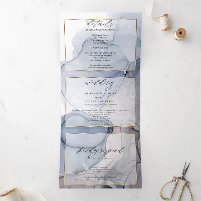 Com Dobra Tripla Convite Tri-Fold Abstract Ink Pó Azul Mauve Ameixa (Dentro)