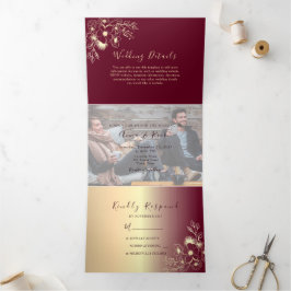 Com Dobra Tripla Convite Tri-Fold Foto Borgonha Dourado