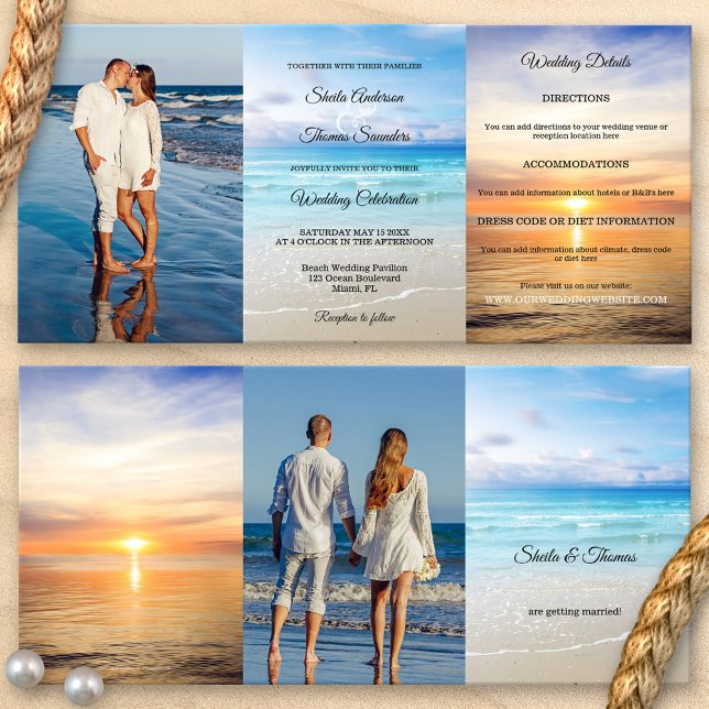 Com Dobra Tripla Convite Triplo de Casamento de Destino de Praia (Tri-fold beach destination wedding invitation with your own favorite photos and a colorful beach)