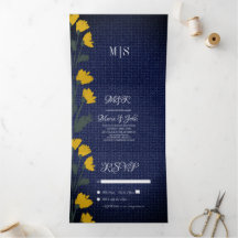 Convite Triplo De Casamento De Flores Denim E Selv