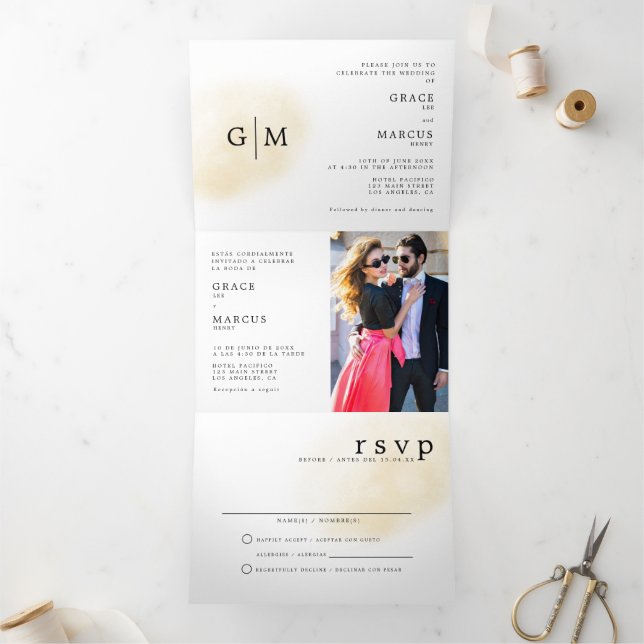 Com Dobra Tripla Foto Monograma Convite Bilíngue De Casamento (Dentro)