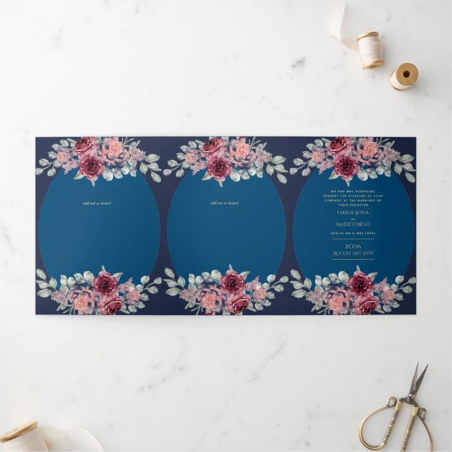 Com Dobra Tripla Nuestra Boda Burgundy Convite de casamento Floral  (Fora)
