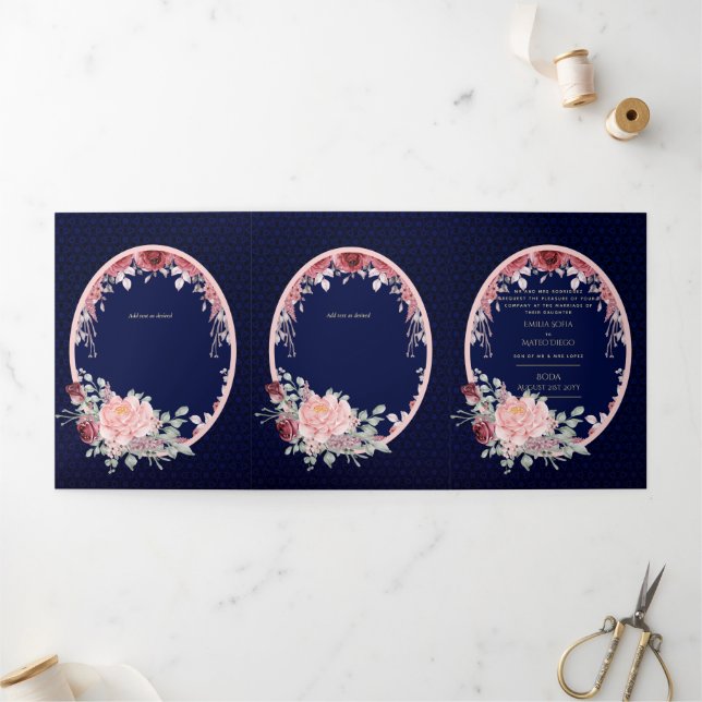 Com Dobra Tripla Nuestra Boda Burgundy Convite de casamento Floral  (Fora)