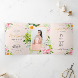 Com Dobra Tripla Peach Floral Triplo Quinceanera Convite