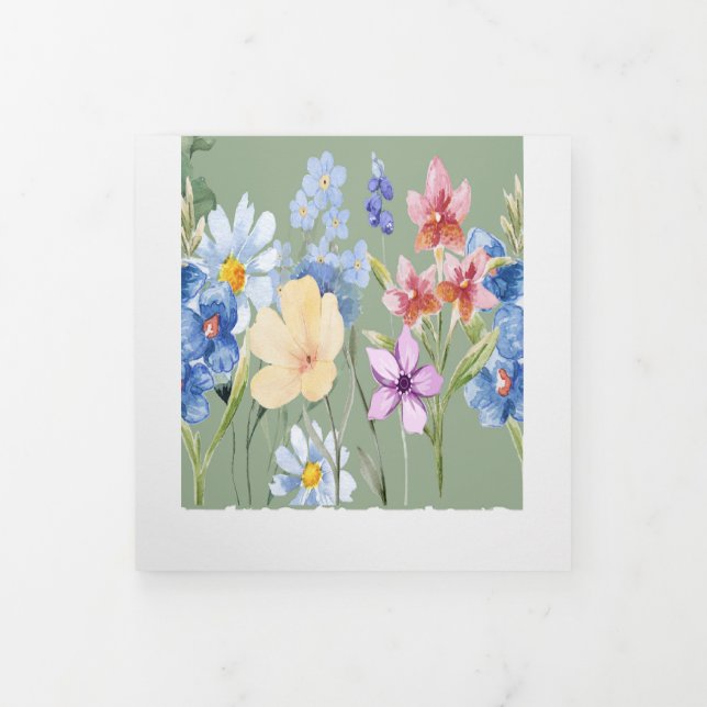 Com Dobra Tripla Sage Green Wildflower convite para casamento (Cobrir)