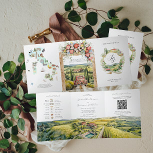 Com Dobra Tripla Toscana Itália Convite de Casamento Ilustrado