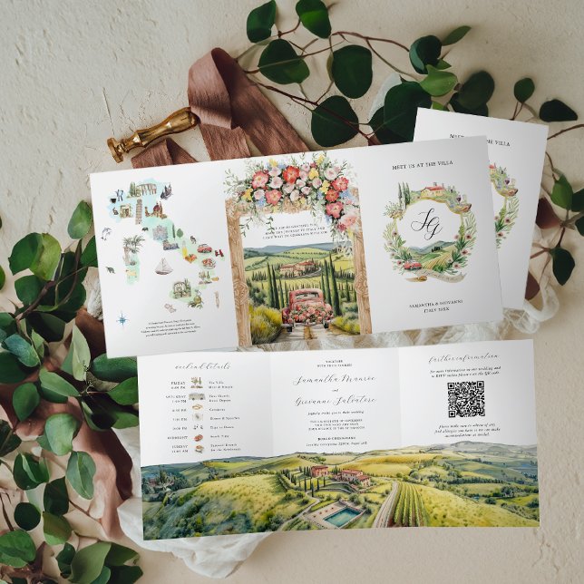 Com Dobra Tripla Toscana Itália | Convite de Casamento Ilustrado (Criador carregado)