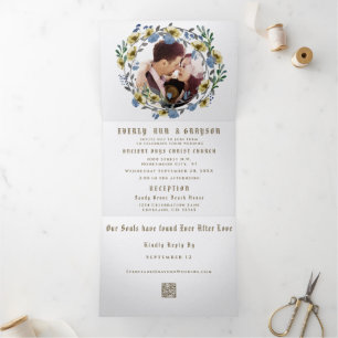 Com Dobra Tripla Tudo em Um Convite de Casamento Floral Azul Cinza