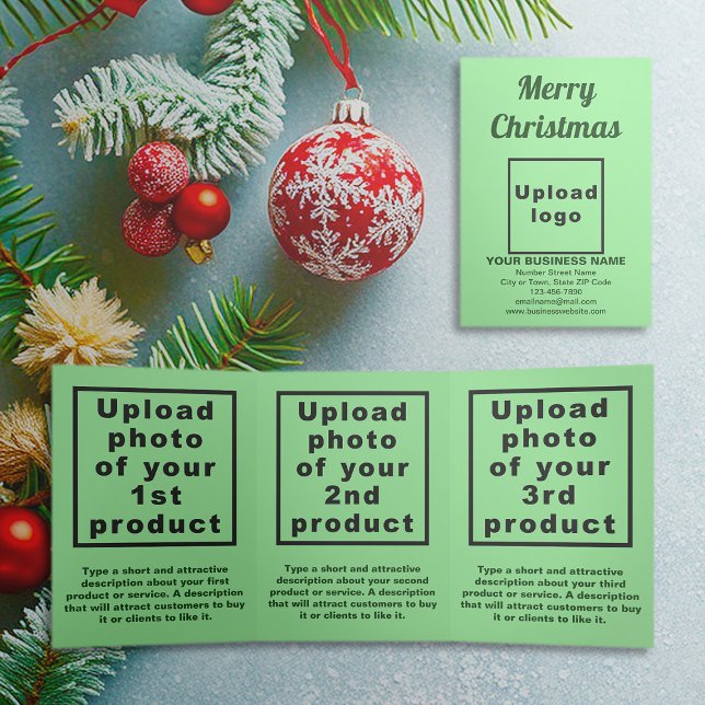 Com Dobra Tripla Verde-claro | Natal | Cartão triplo comercial (Light green trifold card for Christmas with your business brand and products or services)