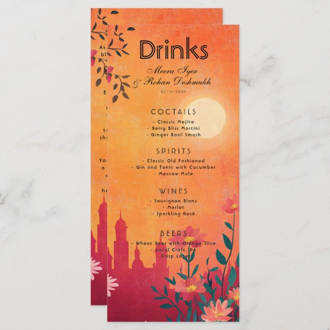 Com um belo cartão de bebidas Sunset Serenade (Frente/Verso)