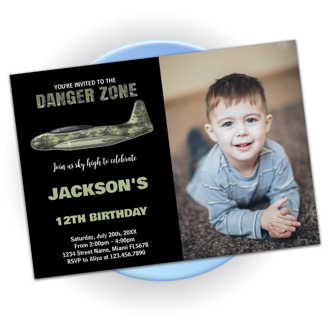 Combatendo Convites de Aniversário de Jato Preto c (Fighter Jet Birthday Invitations Black with photo)