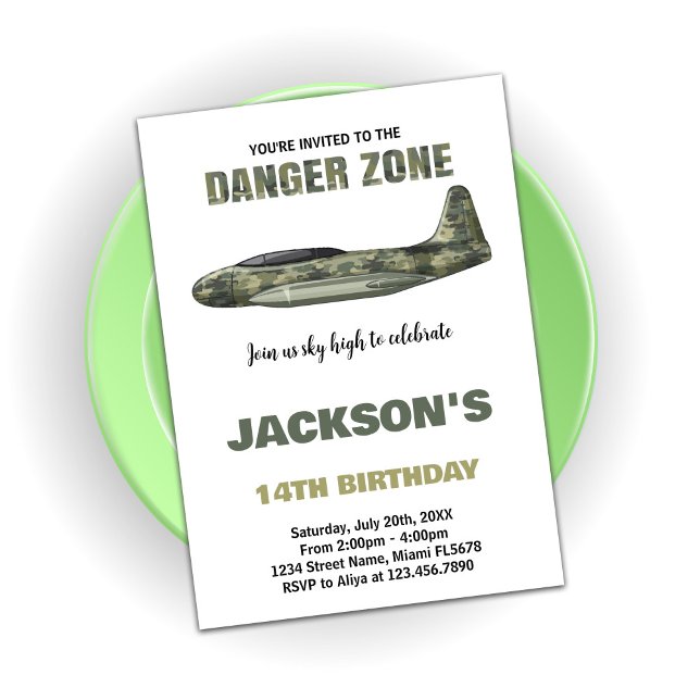 Combatendo Jet Birthday - Convites de Aniversário  (Fighter Jet Birthday Invitations Dark Green)