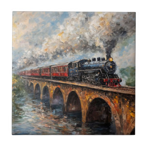 Comboio a vapor numa ponte - Pintura a óleo