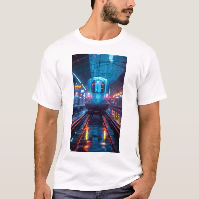 Comboio azul turístico com camiseta de luz neon (Frente)