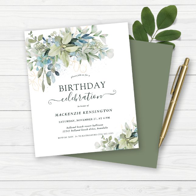Comemoração de aniversário do Eucalyptus Floral (Budget Floral Eucalyptus Birthday Celebration Invitation)
