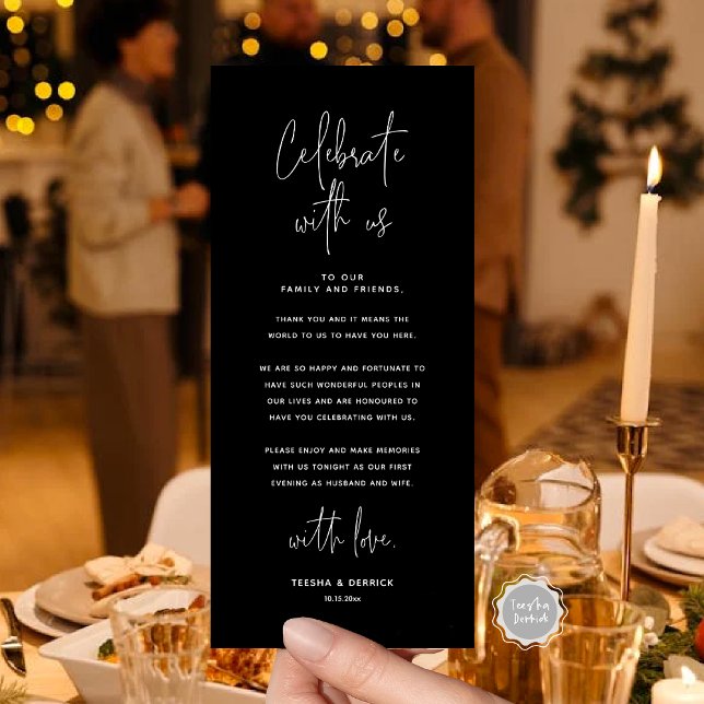 Comemore Conosco, Coloque O Cartões de agradecimen (Celebrate With Us, Place Setting Thank you Card, in Classy Black, Modern Handwriting Script Themed)