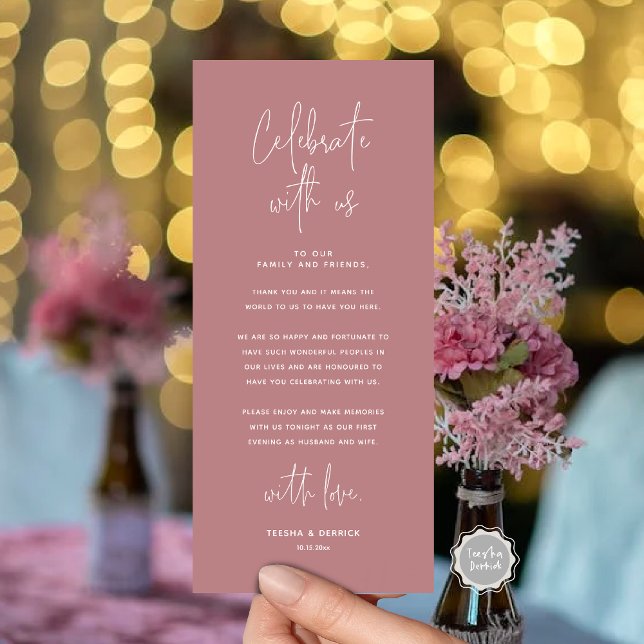 Comemore Conosco, Coloque O Cartões de agradecimen (Celebrate With Us, Place Setting Thank you Card, in  Modern Handwriting Script Dusty Rose Themed)