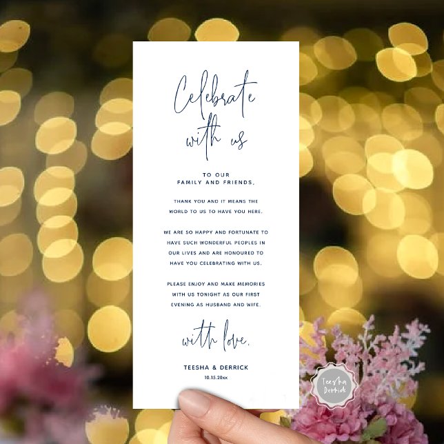 Comemore Conosco, Coloque O Cartões de agradecimen (Celebrate With Us, Place Setting Thank you Card, in  Modern Handwriting Script Navy Blue Themed)