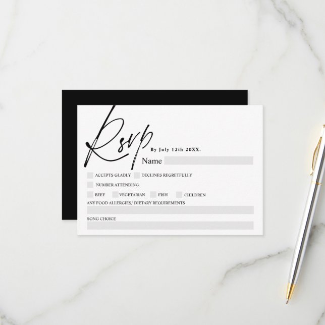 Comida de caligrafia branca negra casamento rsvp (Frente/Verso In Situ)