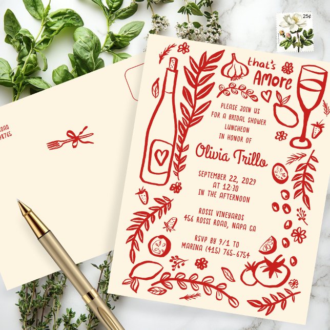 Comida Italiana That's Amore Convite de Chá de Noi (That's Amore Italian Food Hand-drawn Doodle CUSTOM Bridal Shower Invitation Postcard
)