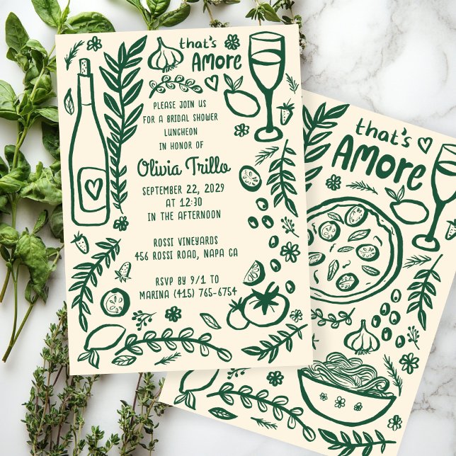 Comida Italiana That's Amore CONVITE de Chá de Noi (That's Amore Italian Food Hand-drawn Doodle CUSTOM Bridal SHower Party Invitation
)