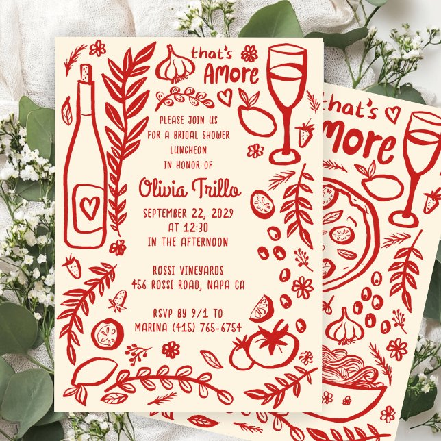 Comida Italiana That's Amore CONVITE de Chá de Noi (That's Amore Italian Food Hand-drawn Doodle CUSTOM Bridal SHower Party Invitation
)