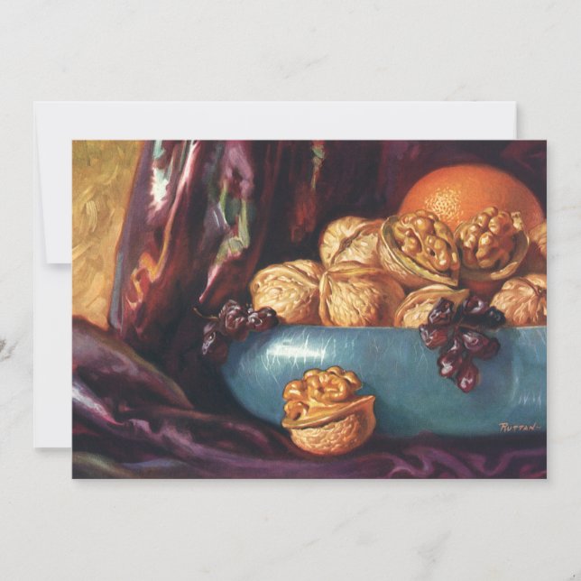 Comida, nozes e Frutas de uma taça azul (Frente)