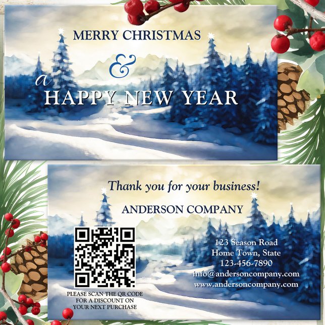 Companhia de Natal Obrigado Cartão de visita (Christmas Thank You for your business business card with watercolor pine trees and QR code template)
