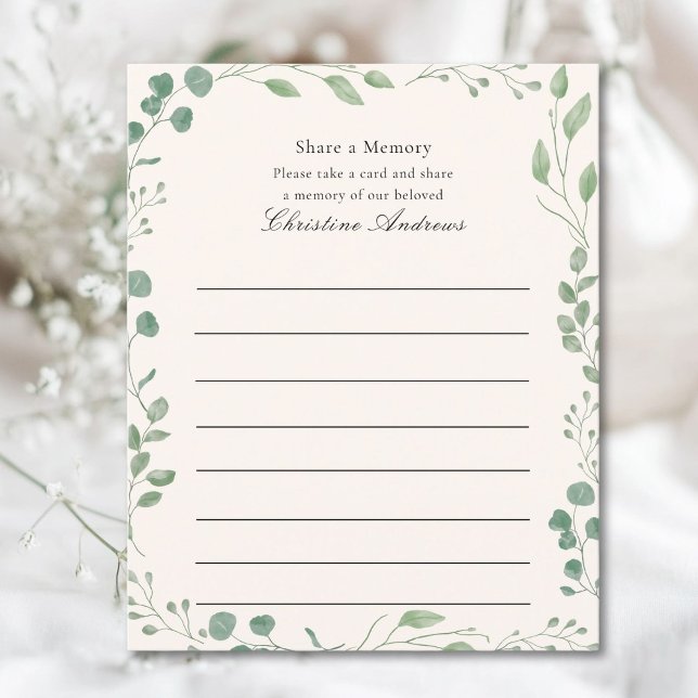Compartilhe um Atendimento Funeral de Memória (Share a Memory!  Minimal, elegant, funeral service attendance beige card, eucalyptus design.)