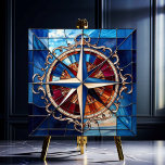Compass Rosa com a borda de rolagem com a aparênci<br><div class="desc">O Rosa Compass com o Azulejo de aparência de vidro escondido com borda de rolagem apresenta o design Compass em azul e prata sobre um fundo de blues, âmbar e vermelhos com uma elegante borda de rolagem em prata antiga. Este azulejo tem um estilo de aparência de vidro colorido. Há...</div>