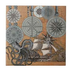 Compass Rosa Vintage Navio Octopus Náutico