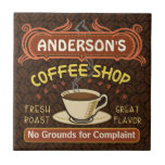 Compro de café com Mug Crie seu próprio personaliz<br><div class="desc">Este azulejo com tema de café é perfeito para qualquer pessoa que administra seu próprio compro de café ou tem um tema de café na decoração da cozinha da sua casa. Feito em design retro marrom, laranja, bege e amarelo, este espresso / cappuccino inspira uma xícara em um disco, dois...</div>