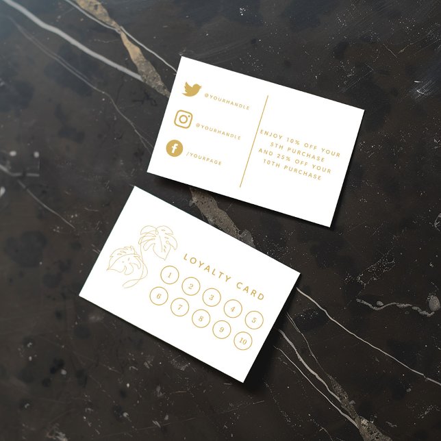 Compro de plantas domésticas, cartão de fidelidade (Modern white and gold loyalty card with monstera leaf icons and social media details)