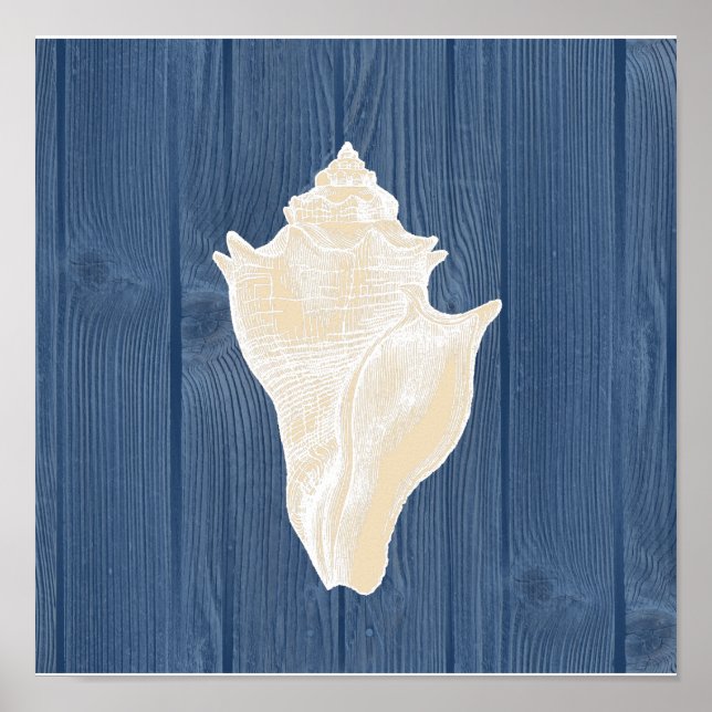 Conch Shell Vintage Blue Wood Beach Poster (Frente)