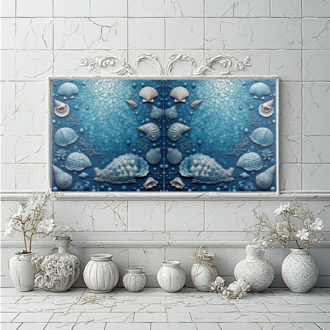 Concha de Peixe Marinho Azul Bolha Oceano Costeiro (Coastal Underwater Seashell Fish Ocean Bubble Blue Ceramic Tile)