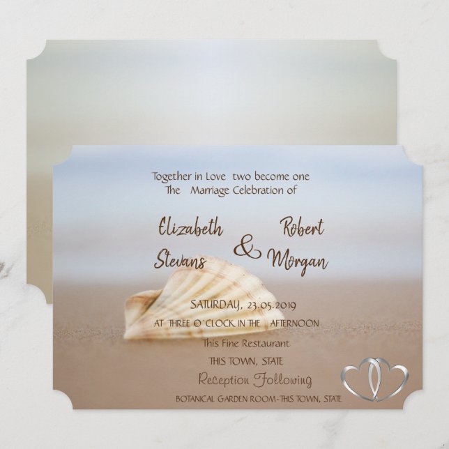 Concha de Praia , Corações  Convite de Casamento (Frente/Verso)