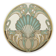 Concha do Mar Verde Creme e Dourado Art Déco Nouve
