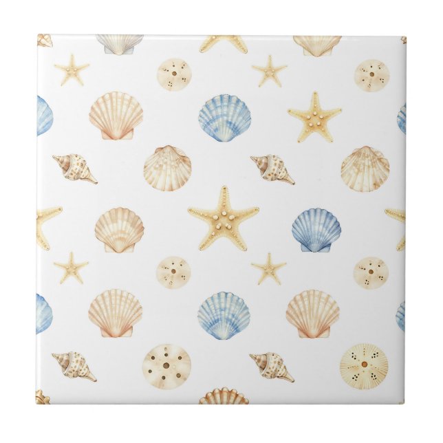 Conchas de Estrelas-do-Mar Padrão Costeiro em Aqua (Frente)
