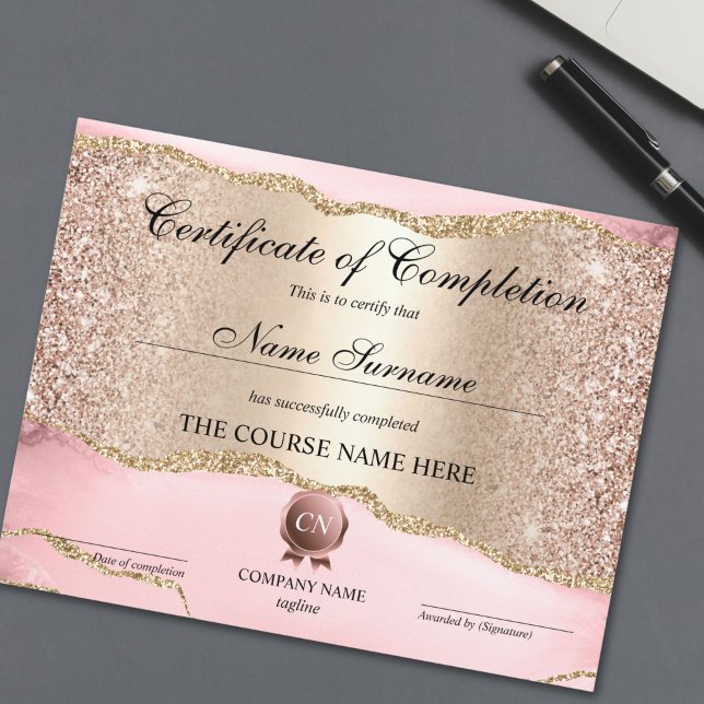 Conclusão do curso de Prêmio do certificado de con (rose gold and gold blush pink agate certificate of completion)