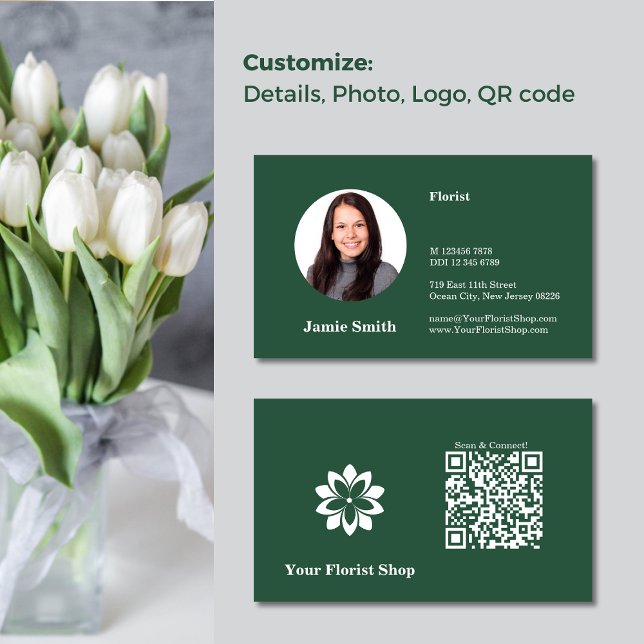 Conectar, Cartão de visita de Foto Verde e Branco  (Connect, Florist Green & White Photo Business Card, Logo Template, QR code)