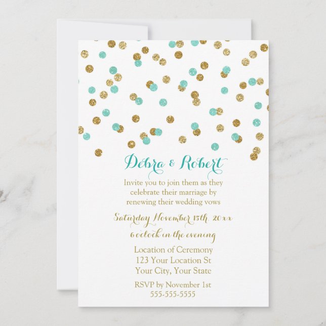 Confetti Azul Aqua Azul Dourado Convite para Renov (Verso)