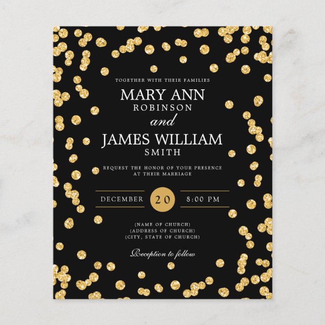 Confetti Dourado Confetti Black Invite de Casament (Frente)