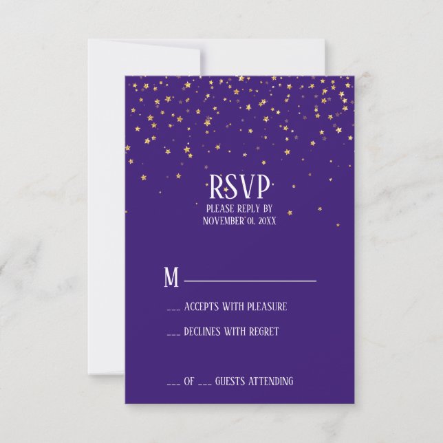 Confetti Dourado na placa RSVP Roxo (Frente)