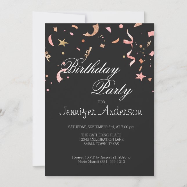 Confetti Glitter Rosa e Dourado no Fundo Negro (Frente)